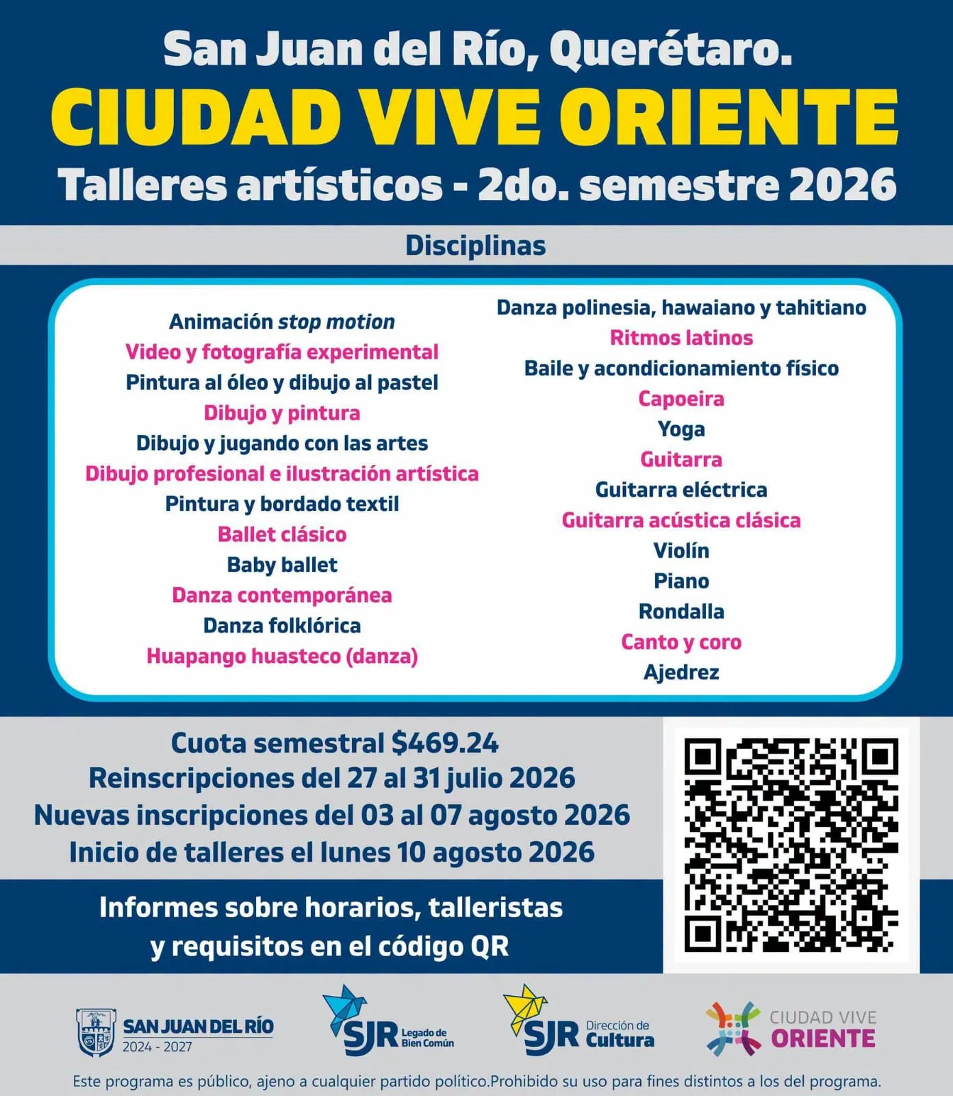 Anuncian inscripciones y reinscripciones a talleres de Casa de Cultura y Ciudad Vive Oriente, en SJR.