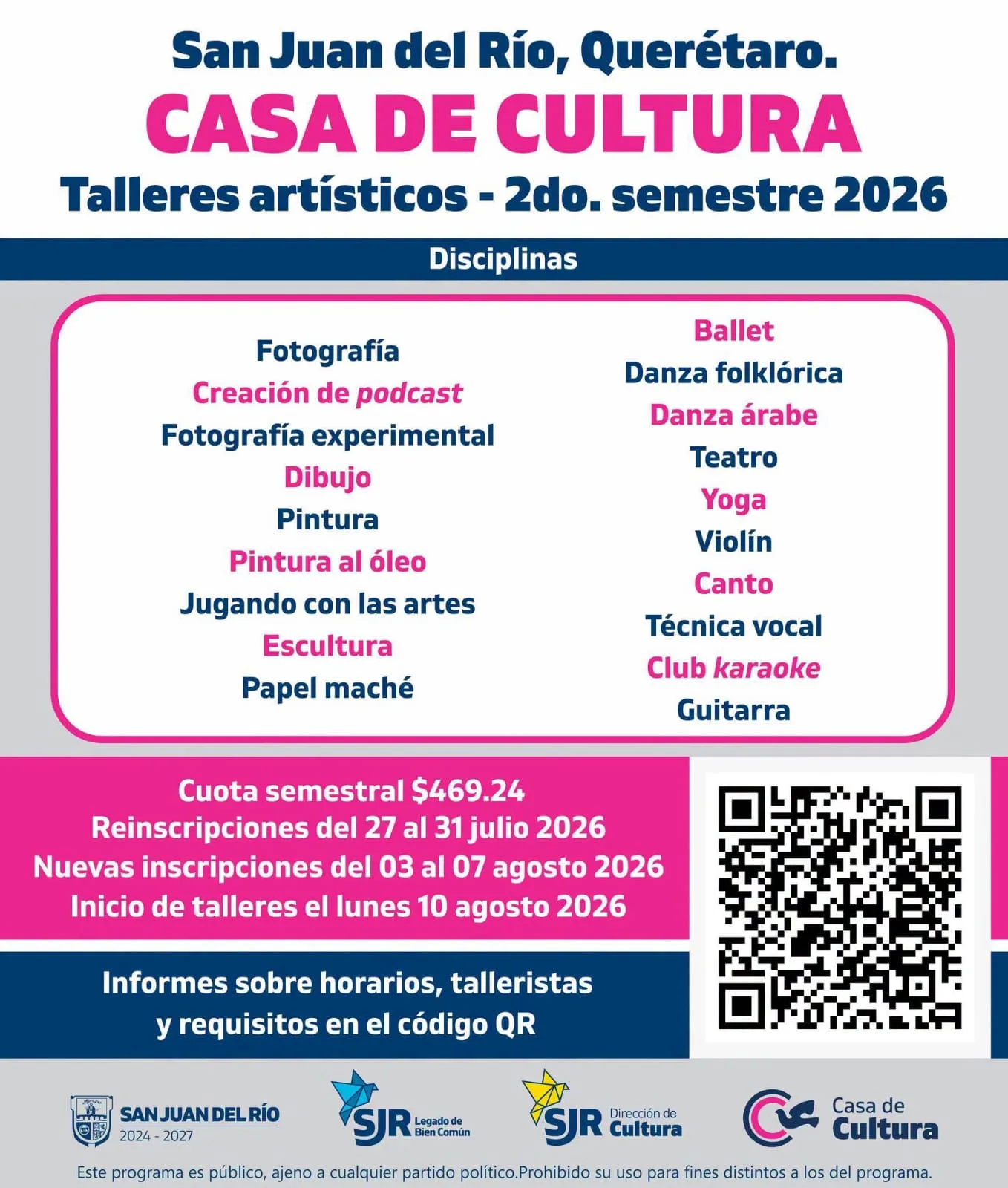 Anuncian inscripciones y reinscripciones a talleres de Casa de Cultura y Ciudad Vive Oriente, en SJR.
