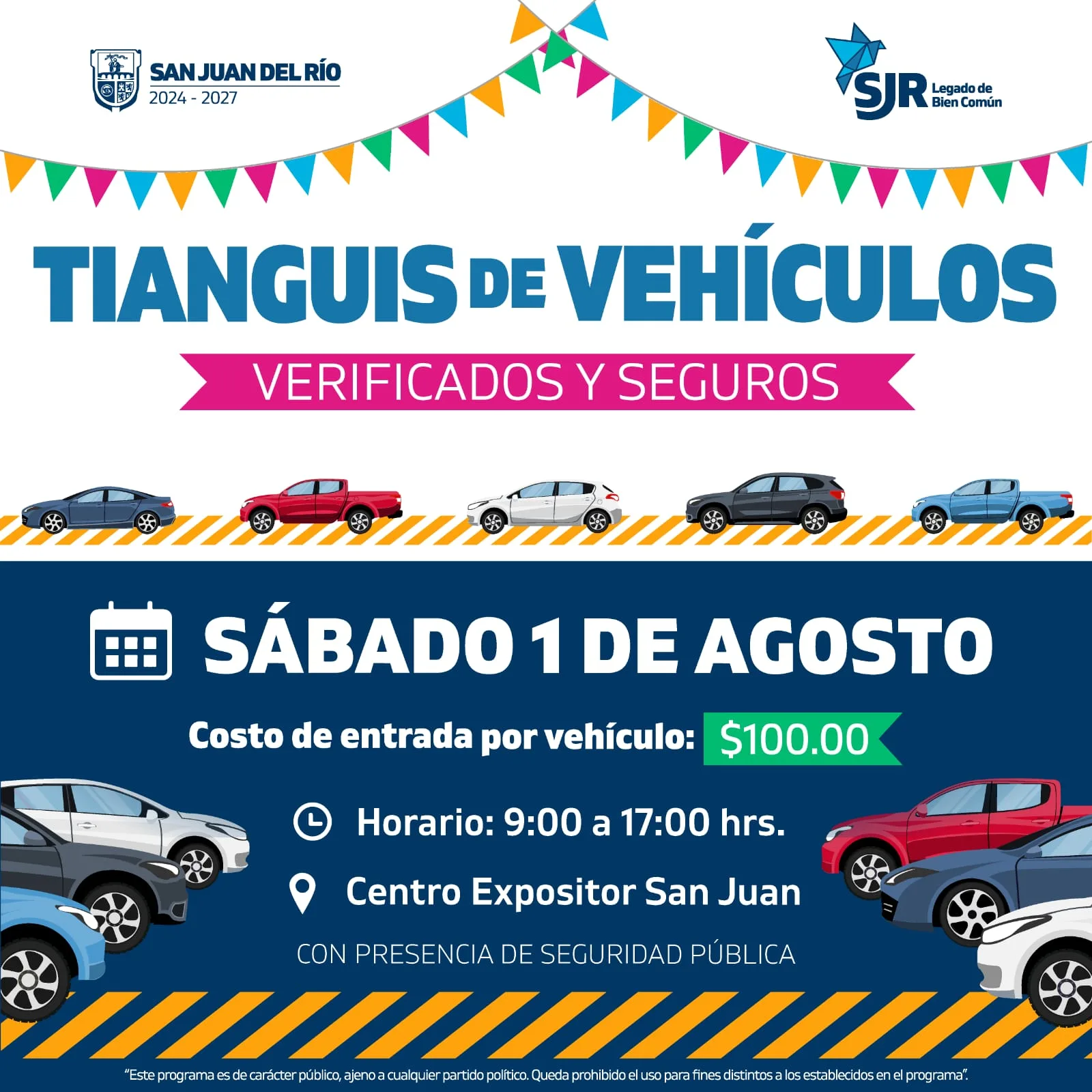Regresa el Tianguis de Vehículos Verificados y Seguros de SJR este sábado 01 de agosto.