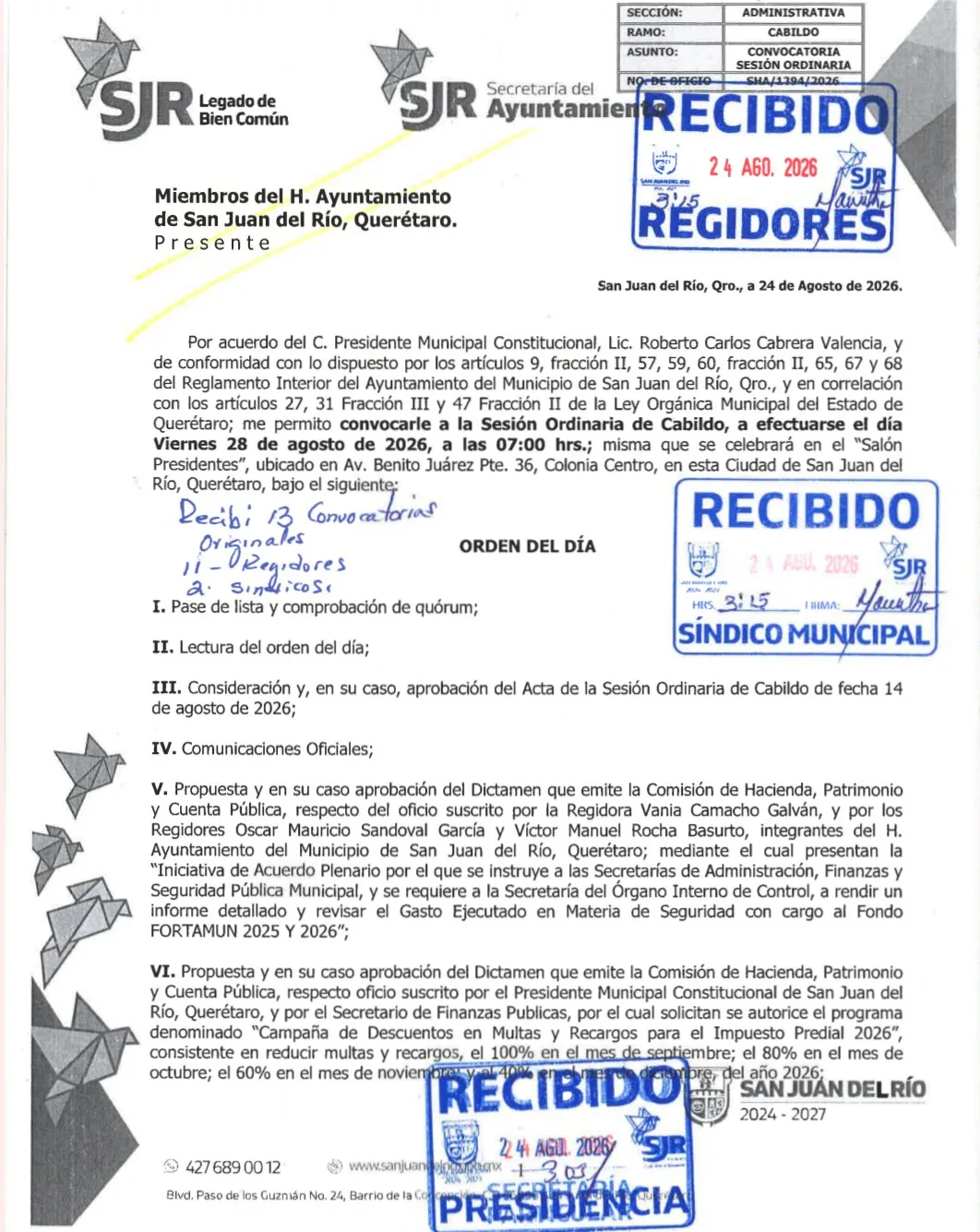 Mañana viernes "Día Clave" para la administración que encabeza Roberto Cabrera en SJR.