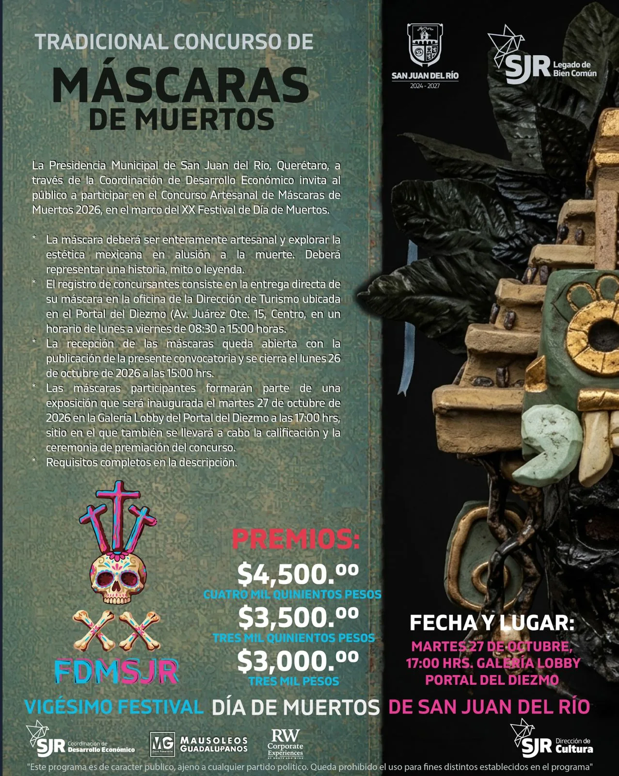 Invitan a participar en la Marcha de los Muertos; Concursos de Catrinas, de Disfraces Mexicanos, de Máscaras y Pan de Muerto, en SJR.