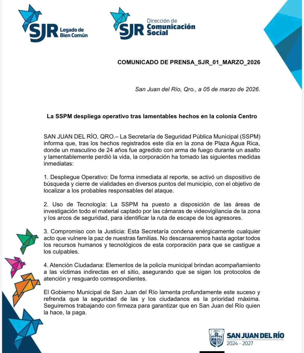 SSPM-SJR confirma muerte de joven baleado; asegura que “no descansará hasta que se castigue a los culpables”.
